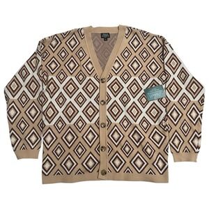 Men's Large Grandpa Cardigan Long Sleeve Diamond Print Sweater Teacher Workwear